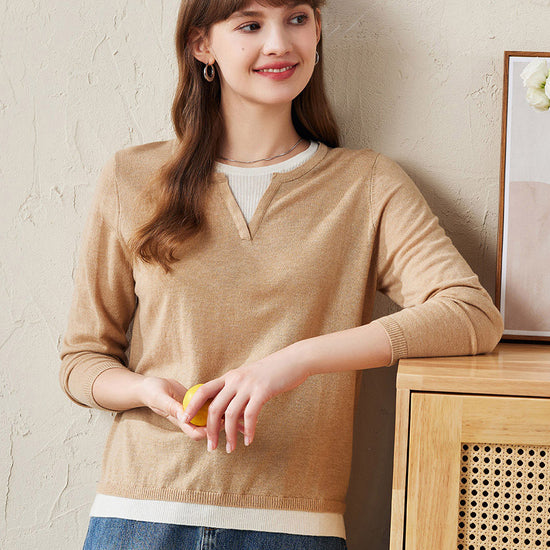 COMOBOCA Beige 100% Wool Women's Layered Look Pullover Sweater