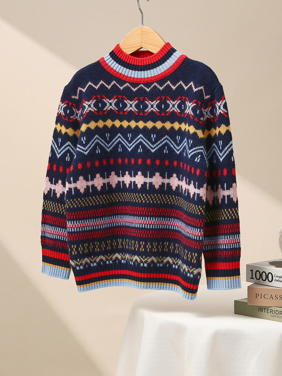 COMOBOCA Navy Blue 100% Wool Kids' Colorful Nordic Pattern Knit Sweater