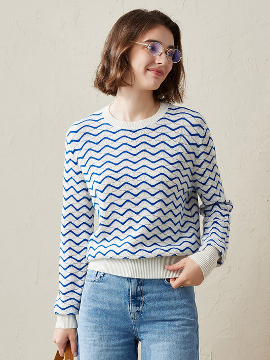 COMOBOCA Blue 100% Cashmere Women's Wave Pattern Knit Sweater