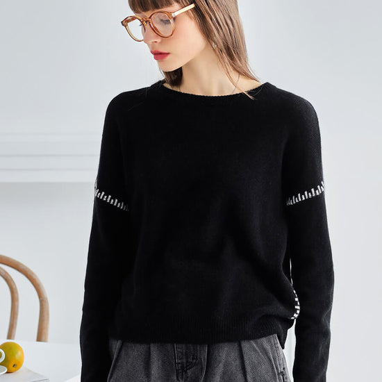 COMOBOCA Black 100% Cashmere Women's Sweater with Stitch Detailing