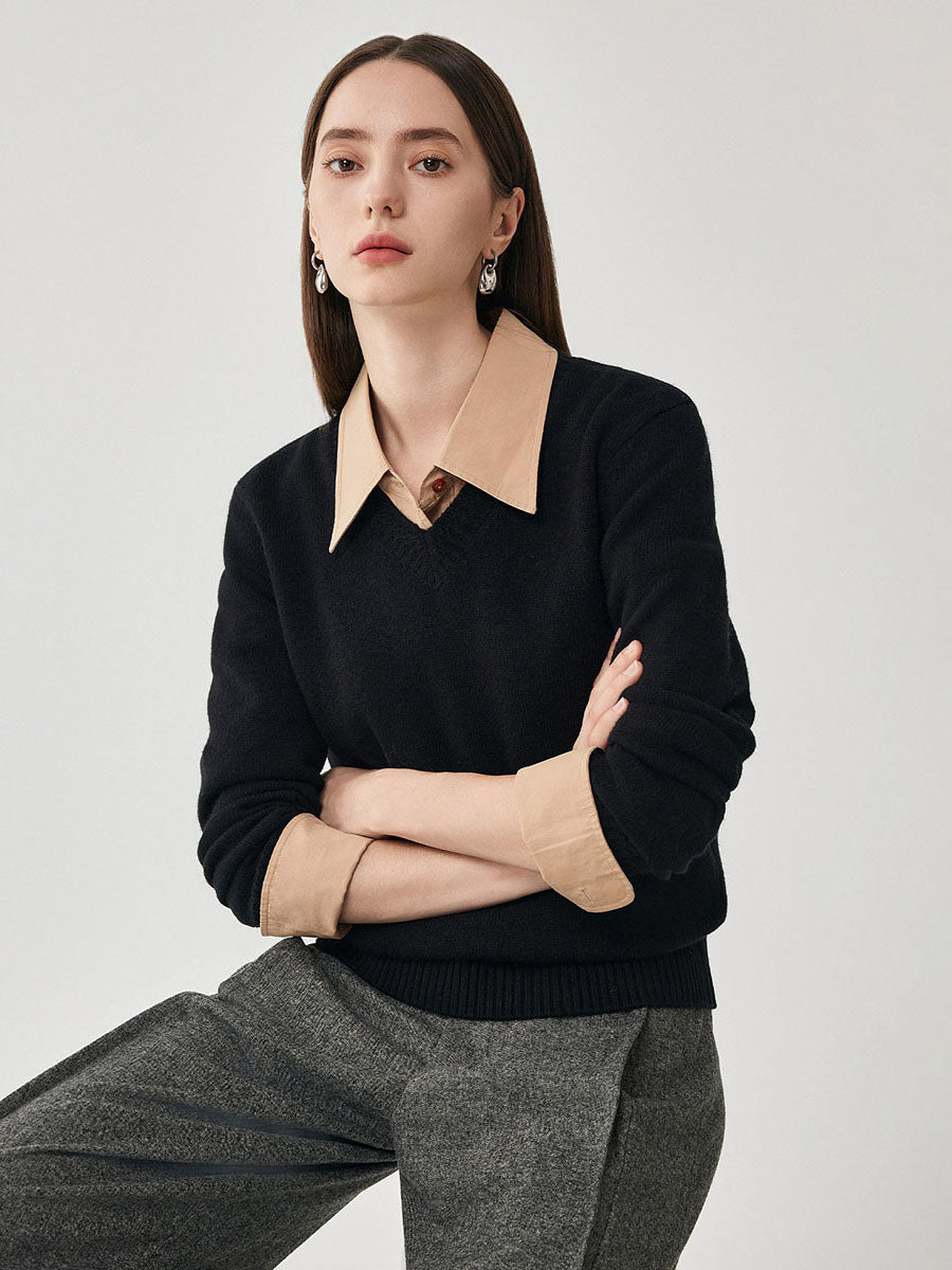 COMOBOCA 100% Wool Women's V-Neck Ribbed Knit Sweater