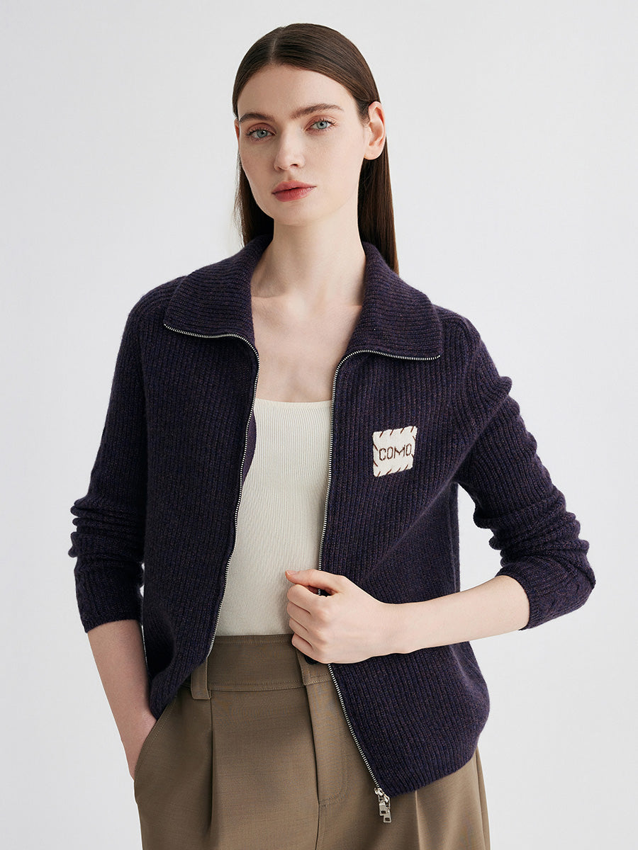 COMOBOCA 100% Cashmere Women's Ribbed Collared Zip Up Cardigan