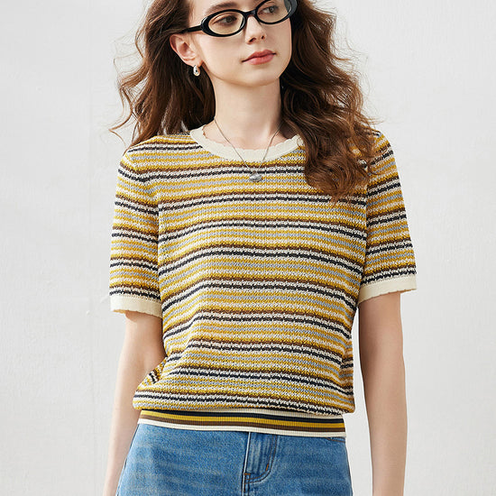 COMOBOCA Yellow Women's Striped Short Sleeve Knit Sweater