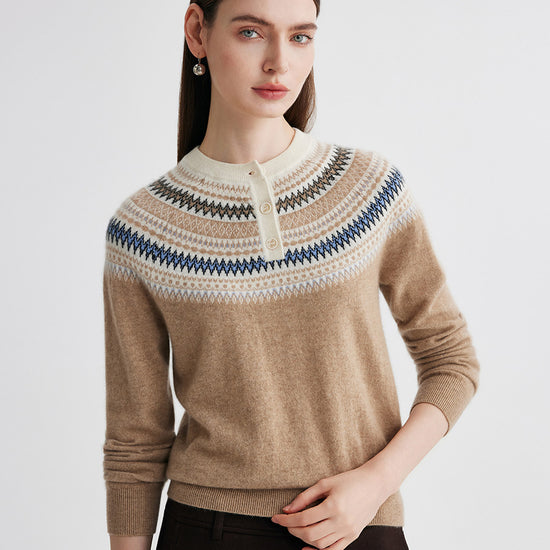 COMOBOCA 100% Cashmere Women's Fair Isle Henley Neck Sweater
