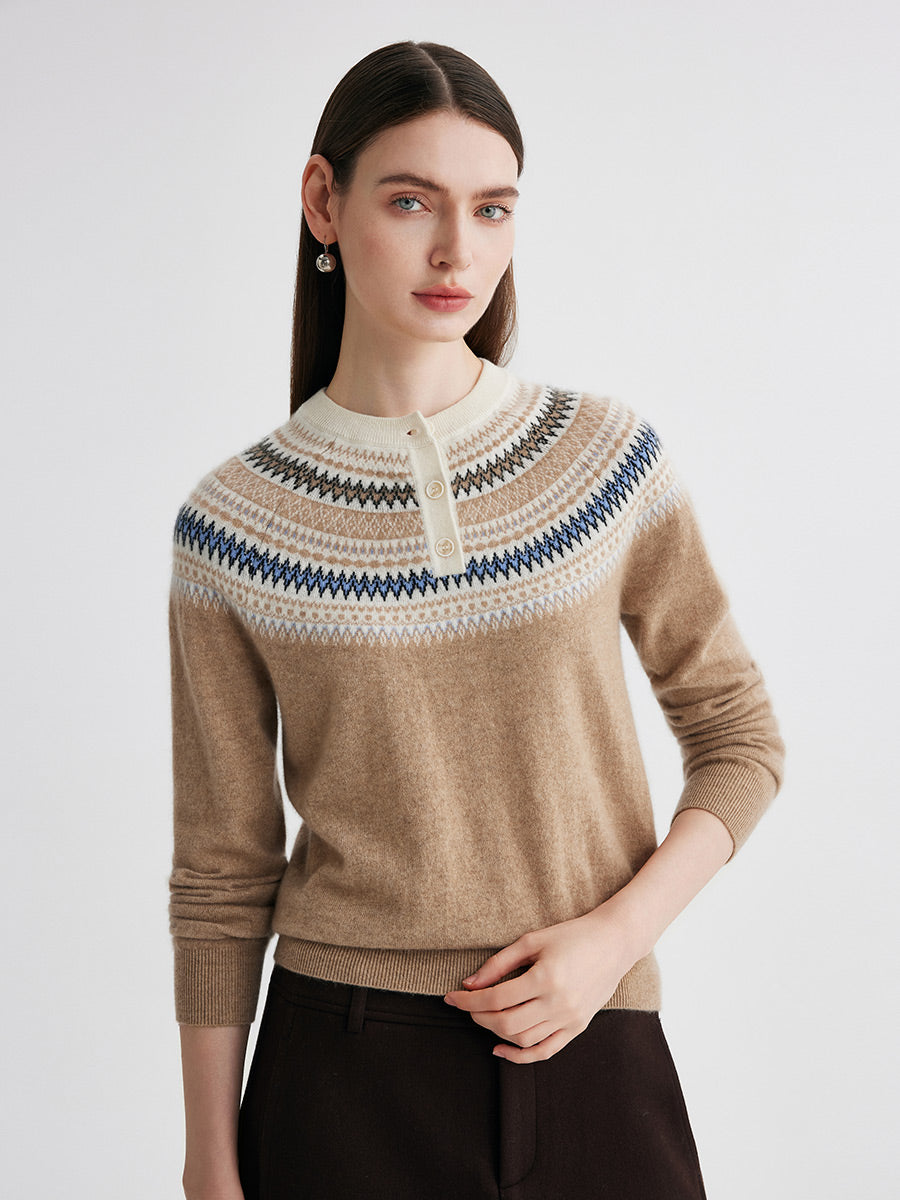 COMOBOCA 100% Cashmere Women's Fair Isle Henley Neck Sweater
