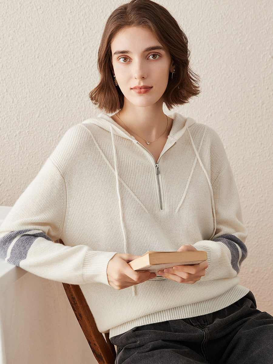 COMOBOCA 100% Cashmere Women's Half Zip Sweater Knit Hoodie