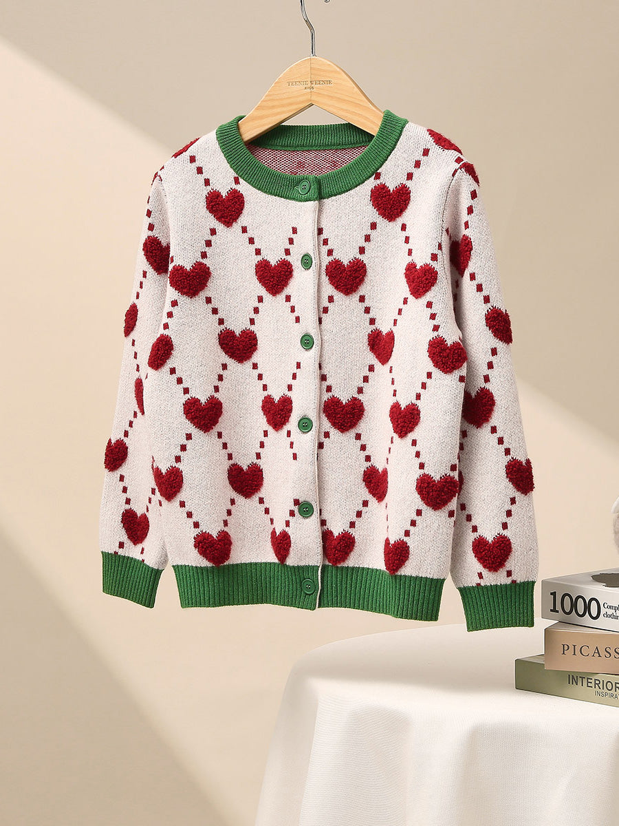 COMOBOCA White 100% Wool Kids' Heart Pattern Knit Cardigan