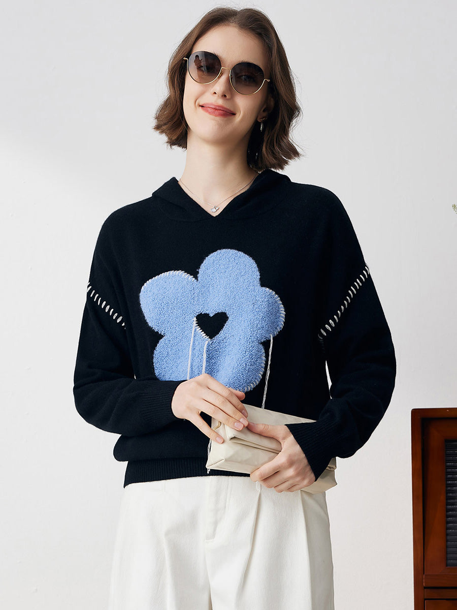COMOBOCA Floral 100% Cashmere Women's Flower Embroidered Hoodie