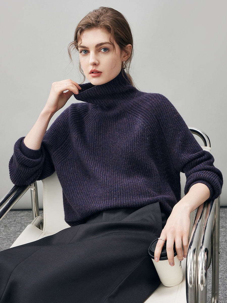 COMOBOCA 100% Cashmere Women's Ribbed Turtleneck Sweater