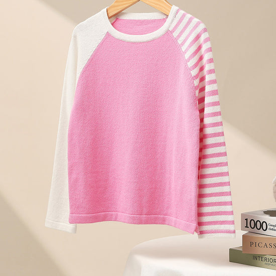 COMOBOCA 100% Wool Kid's Color Block Striped Sleeve Knit Sweater