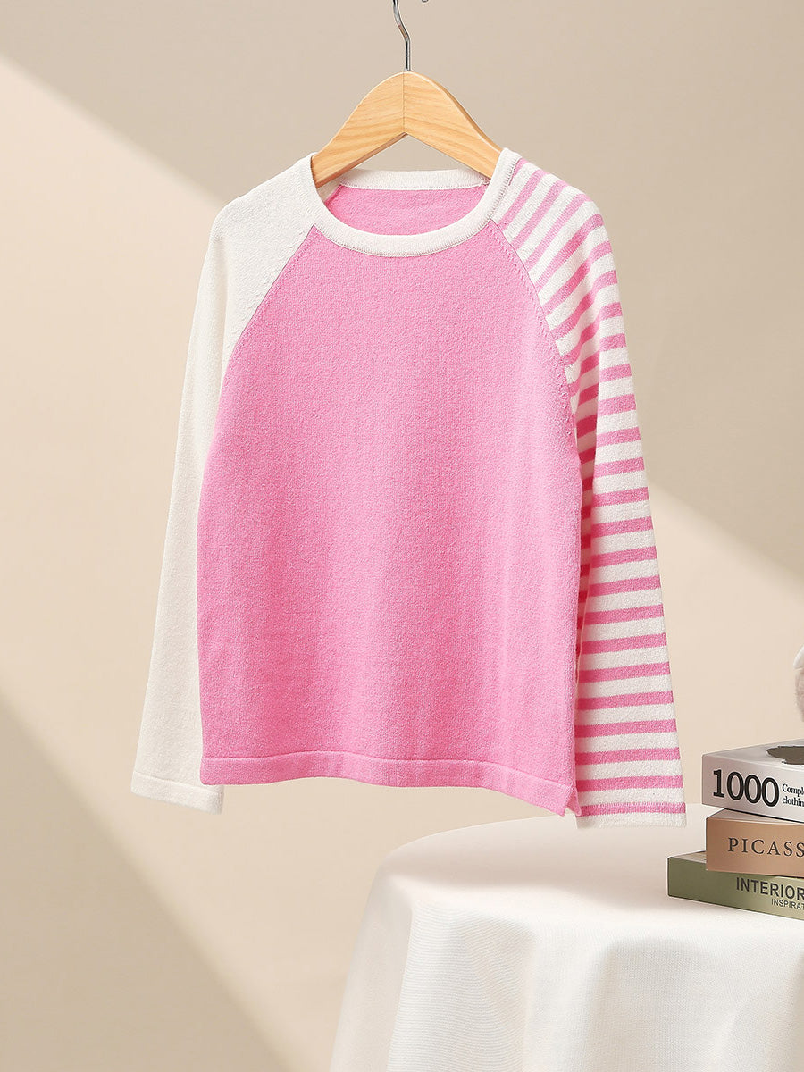 COMOBOCA 100% Wool Kid's Color Block Striped Sleeve Knit Sweater