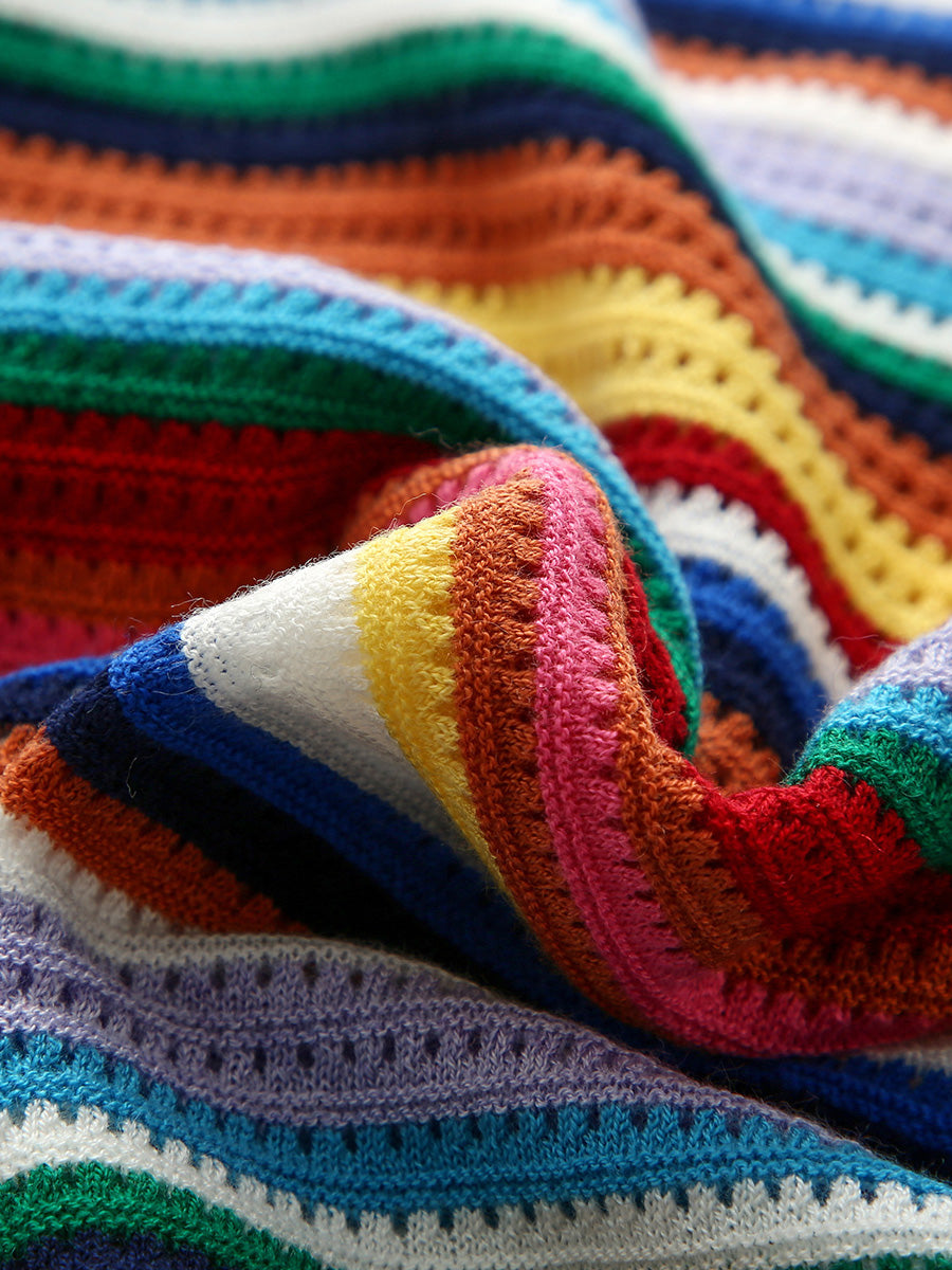 COMOBOCA Women's Ribbed Rainbow Striped Knit Cardigan