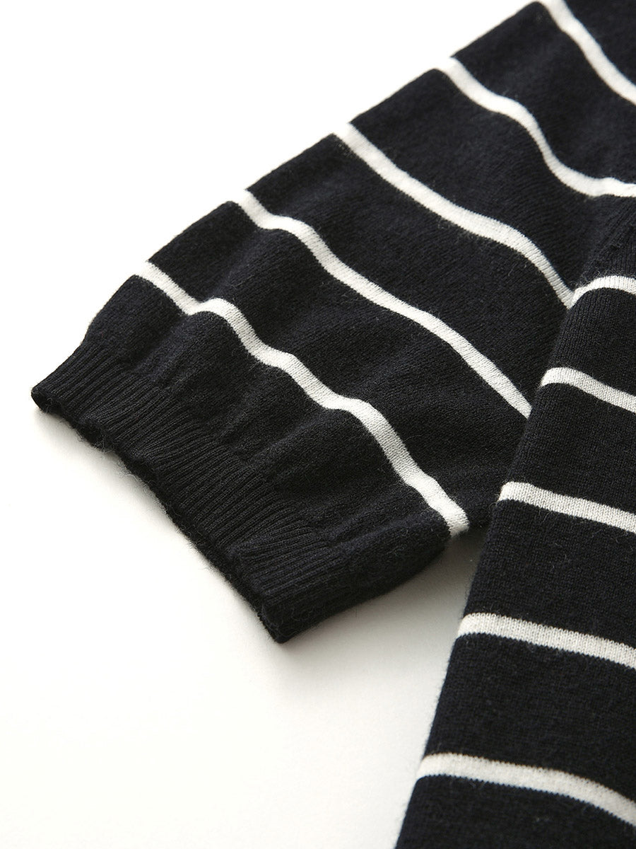 COMOBOCA 100% Wool Women's Mock Neck Striped Ribbed T-Shirt