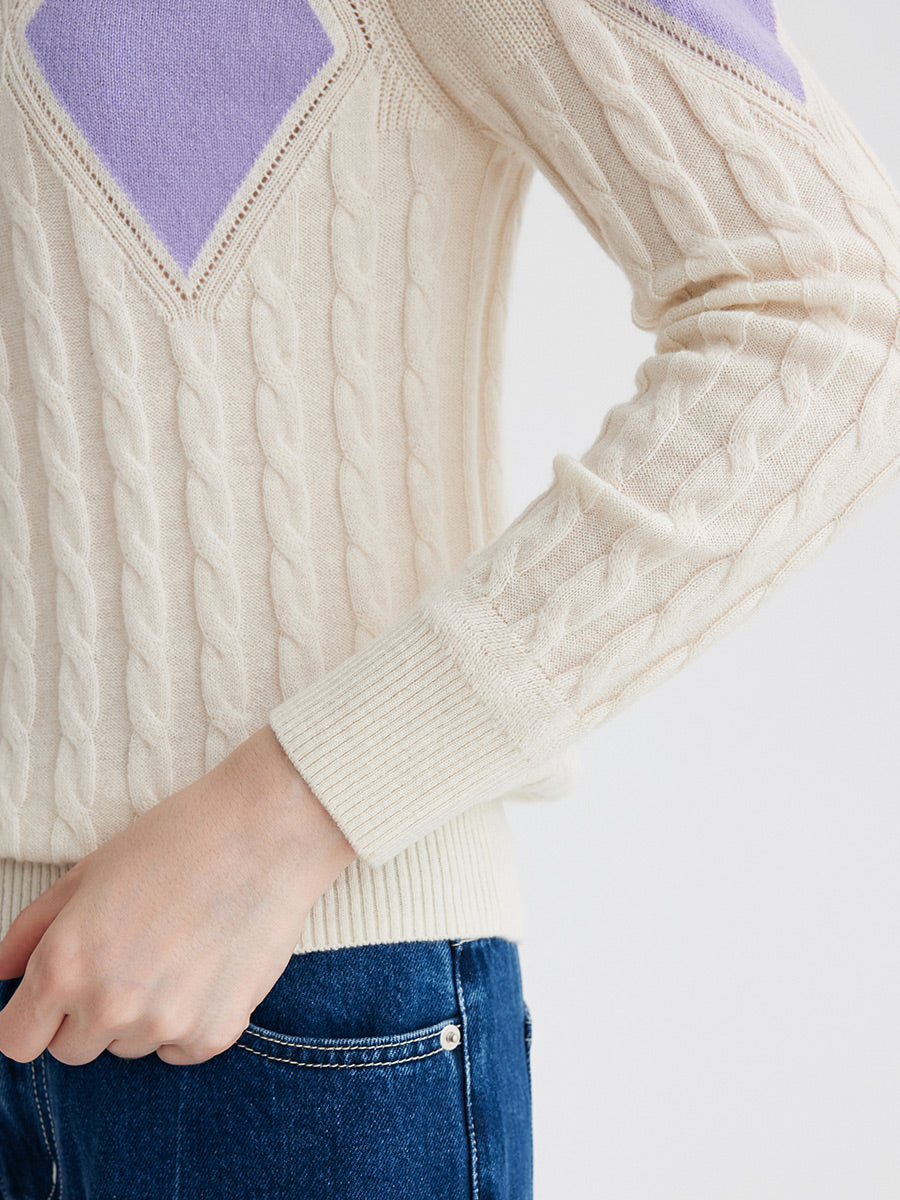 COMOBOCA 100% Cashmere Women's Argyle Cable Turtleneck Knit Sweater