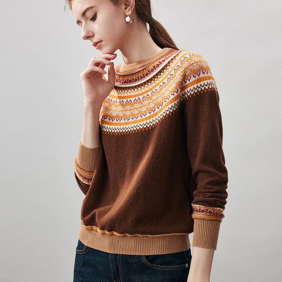 COMOBOCA 100% Cashmere Women's Fair Isle Round Neck Sweater