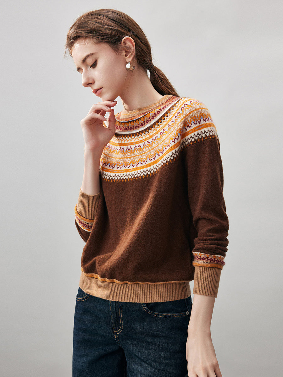COMOBOCA 100% Cashmere Women's Fair Isle Round Neck Sweater