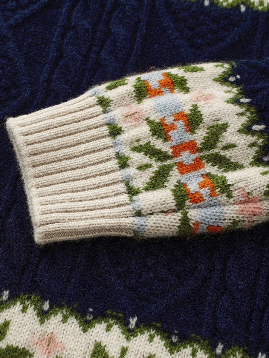 COMOBOCA 100% Wool Kids' Cable Fair Isle Round Neck Sweater