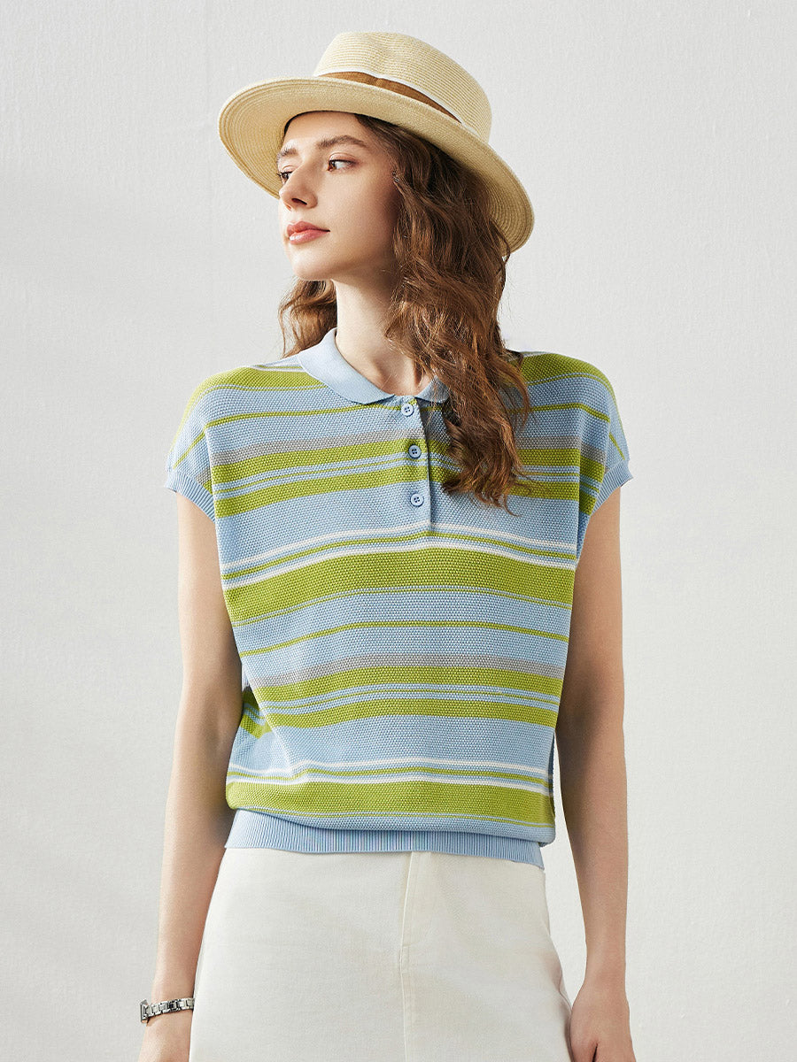 COMOBOCA Women's Striped Knit Polo T-Shirt