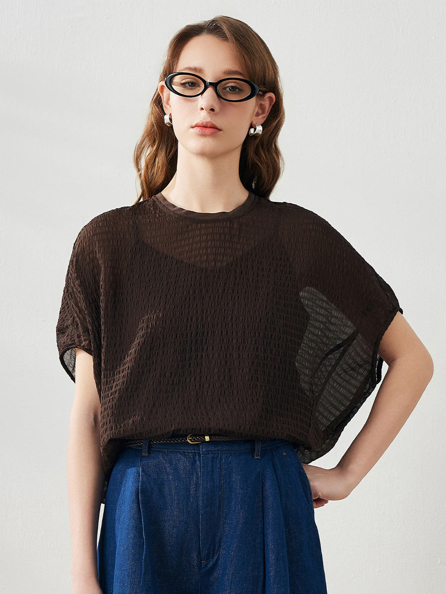 COMOBOCA Coffee Women's Crinkle Textured Blouse with Button Closure