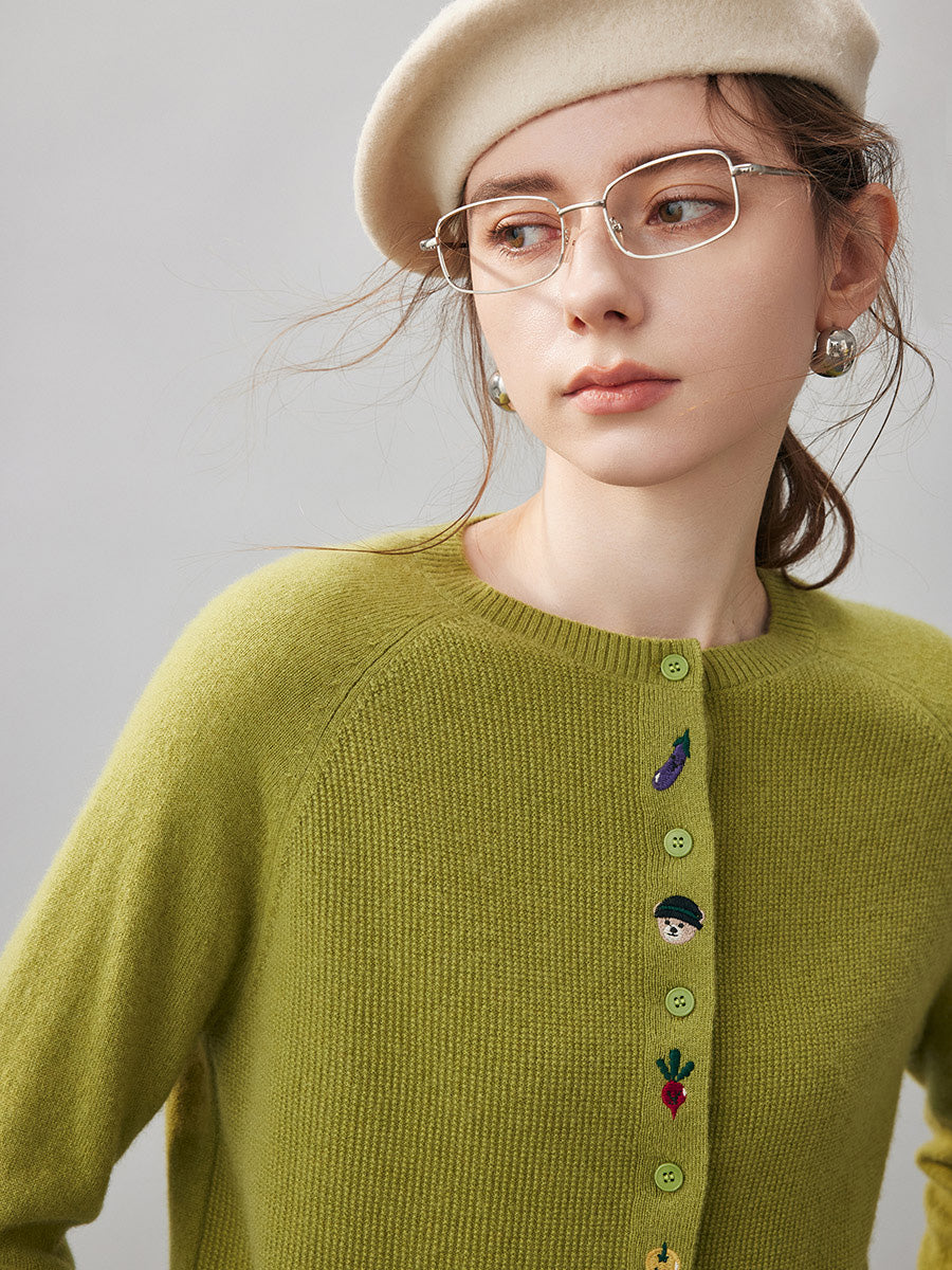 COMOBOCA 100% Cashmere Women's Embroidered Button-Front Cardigan