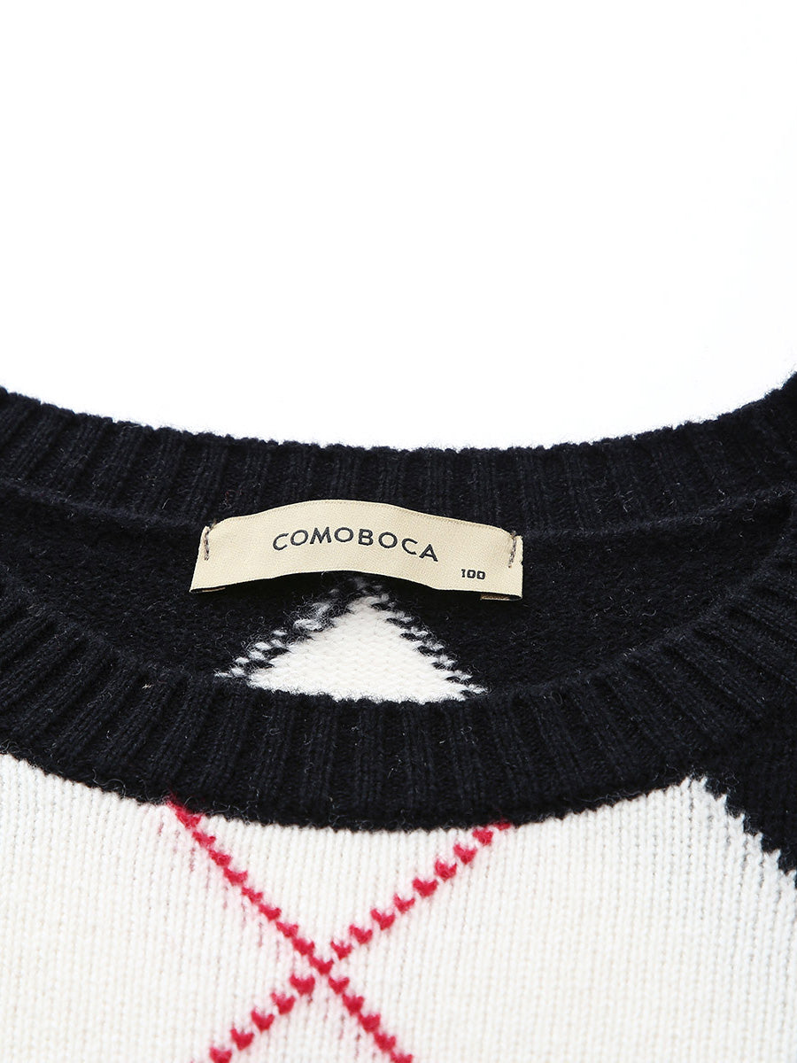 COMOBOCA 100% Wool Women's Argyle Pattern Knit Sweater