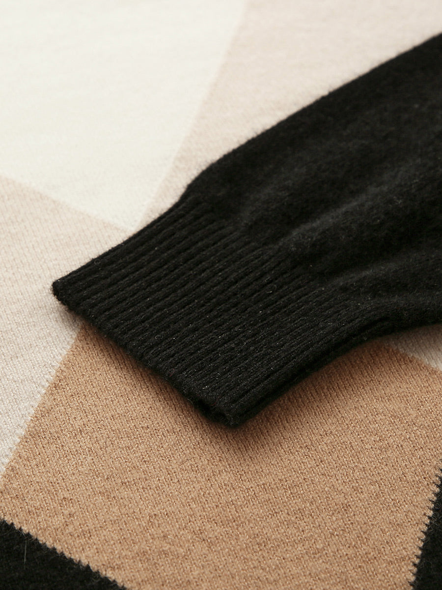 COMOBOCA 100% Cashmere Women's Turtleneck Geometric Ribbed Sweater