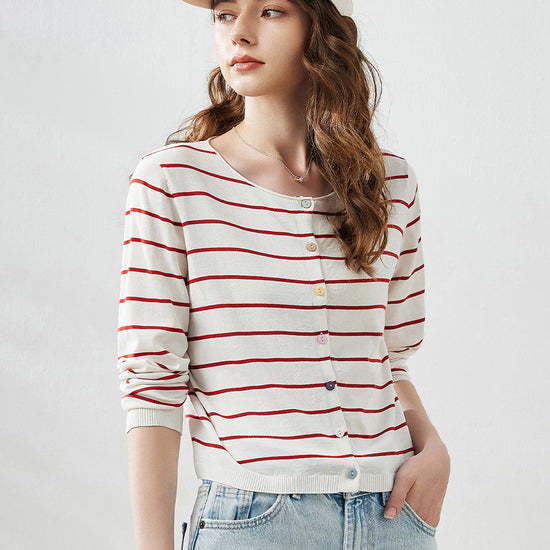 COMOBOCA Women's Striped Button-Down Cardigan
