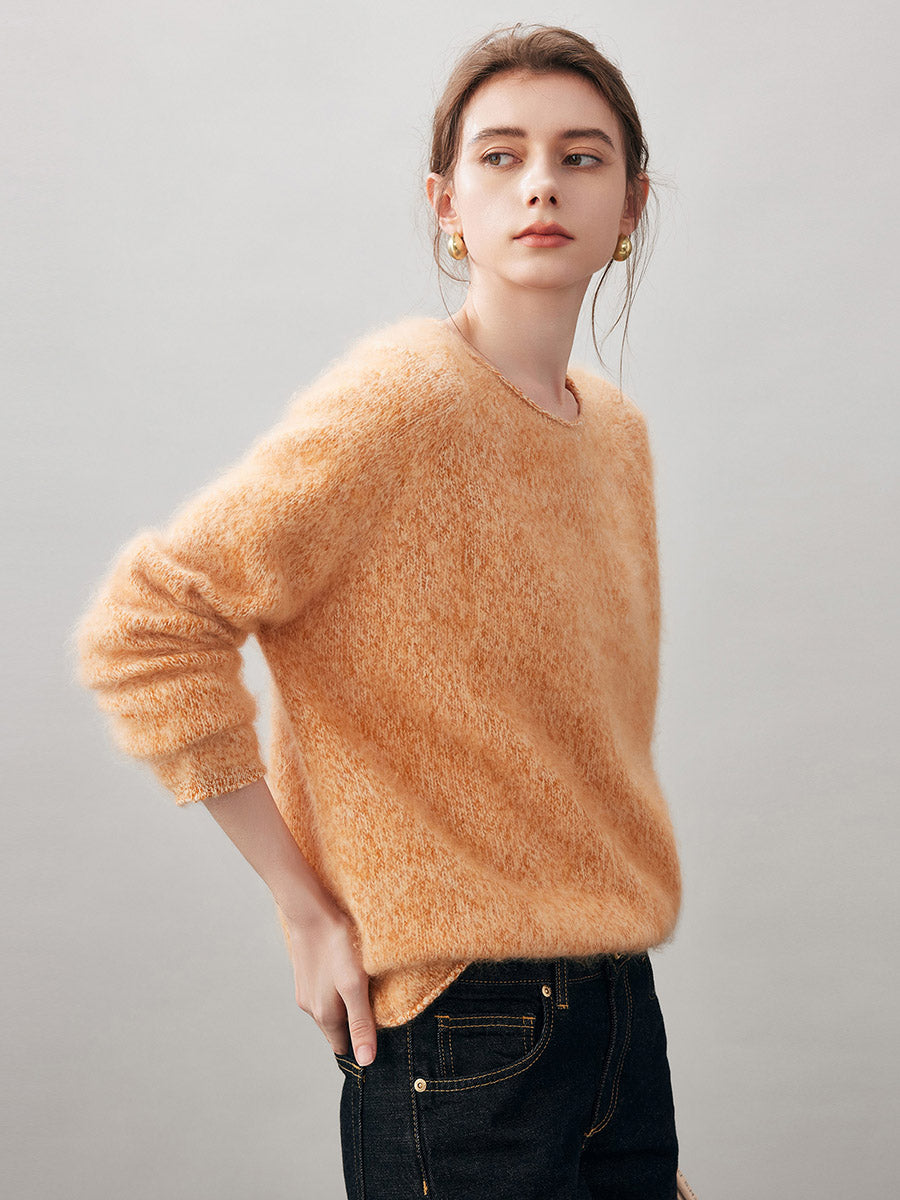 COMOBOCA 100% Wool Women's Fuzzy Round Neck Sweater
