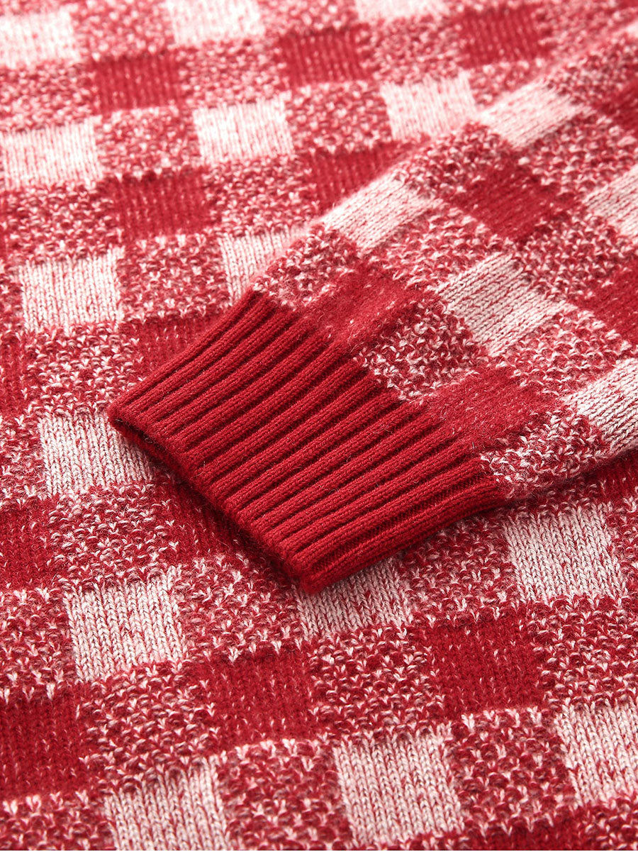 COMOBOCA 100% Cashmere Women's Checkered Round Neck Sweater