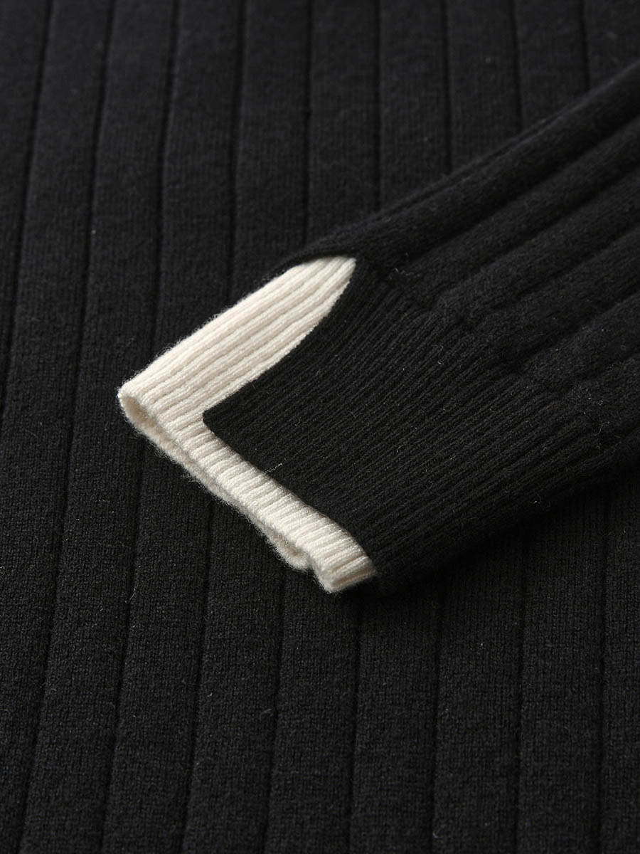 COMOBOCA 100% Wool Women's Ribbed Contrast Trim Sweater