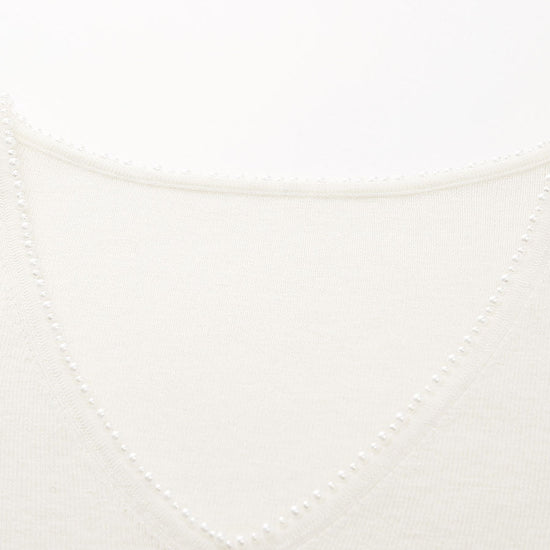 COMOBOCA 100% Wool Women's V-Neck With Pearl Accents Sweater