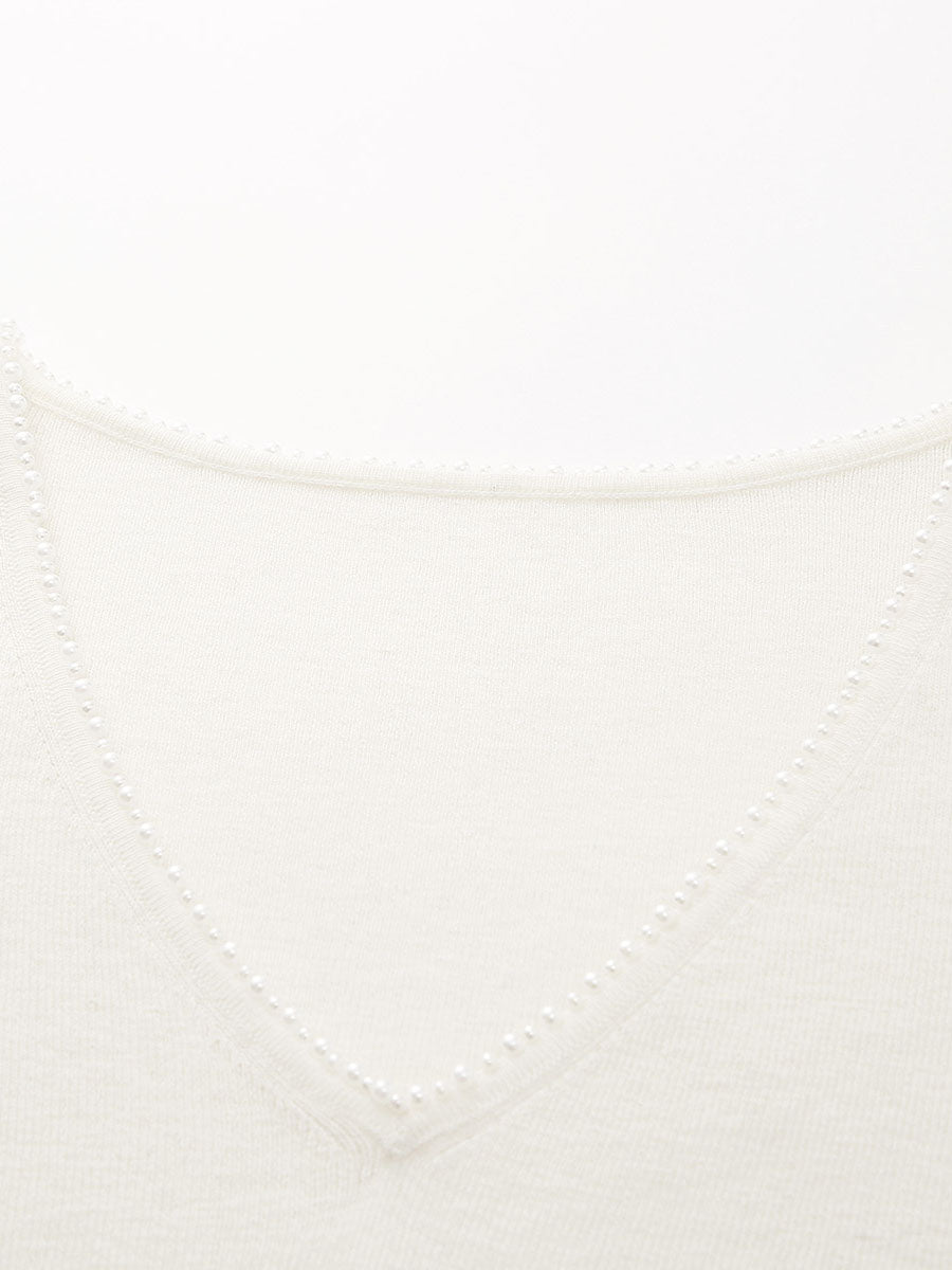 COMOBOCA 100% Wool Women's V-Neck With Pearl Accents Sweater