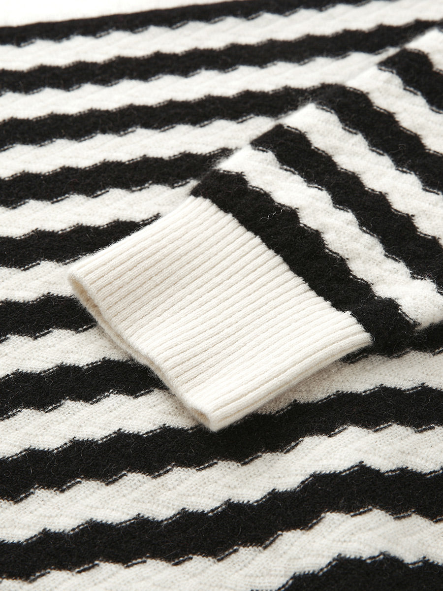 COMOBOCA 100% Cashmere Women's Striped Round Neck Sweater