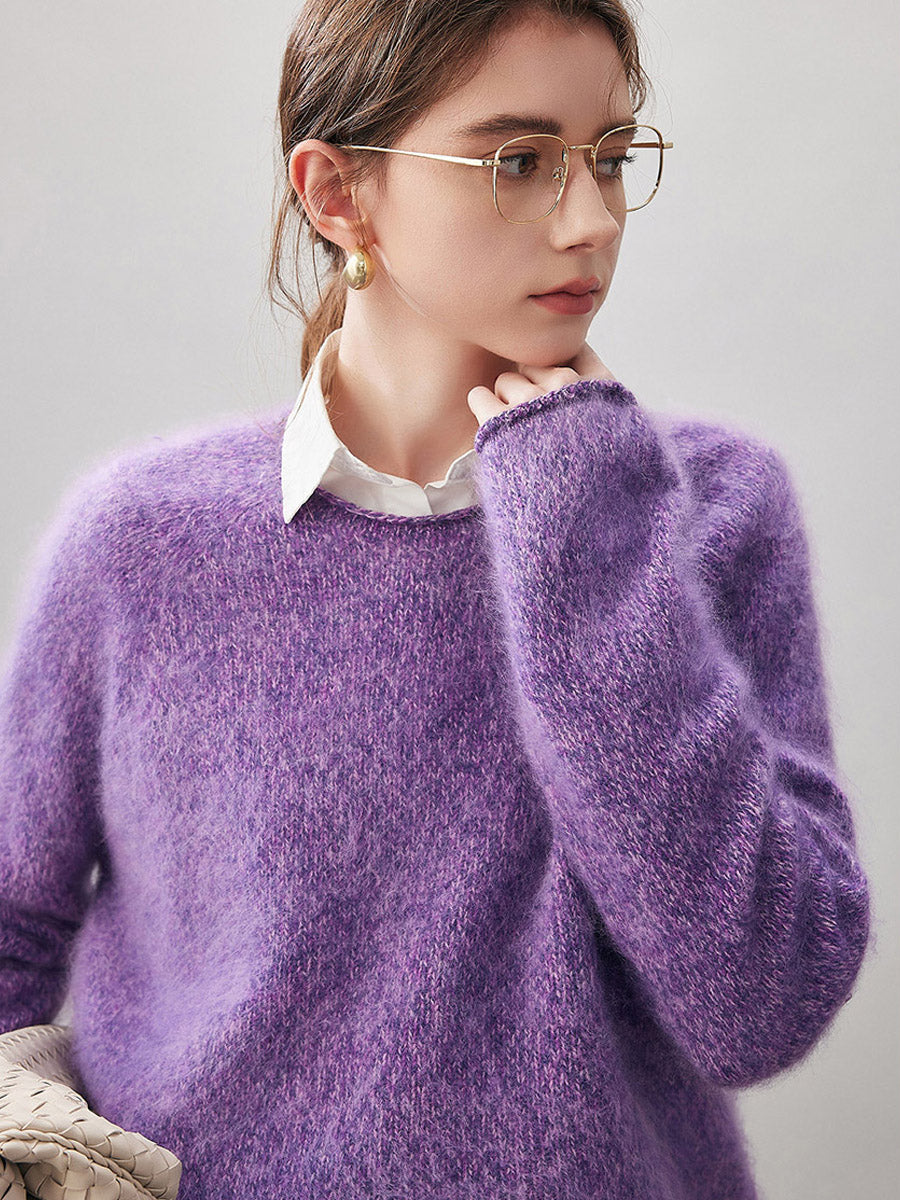 COMOBOCA 100% Wool Women's Fuzzy Round Neck Sweater