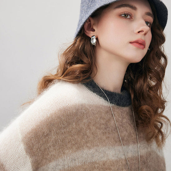 COMOBOCA Women's Mohair Striped Round Neck Sweater