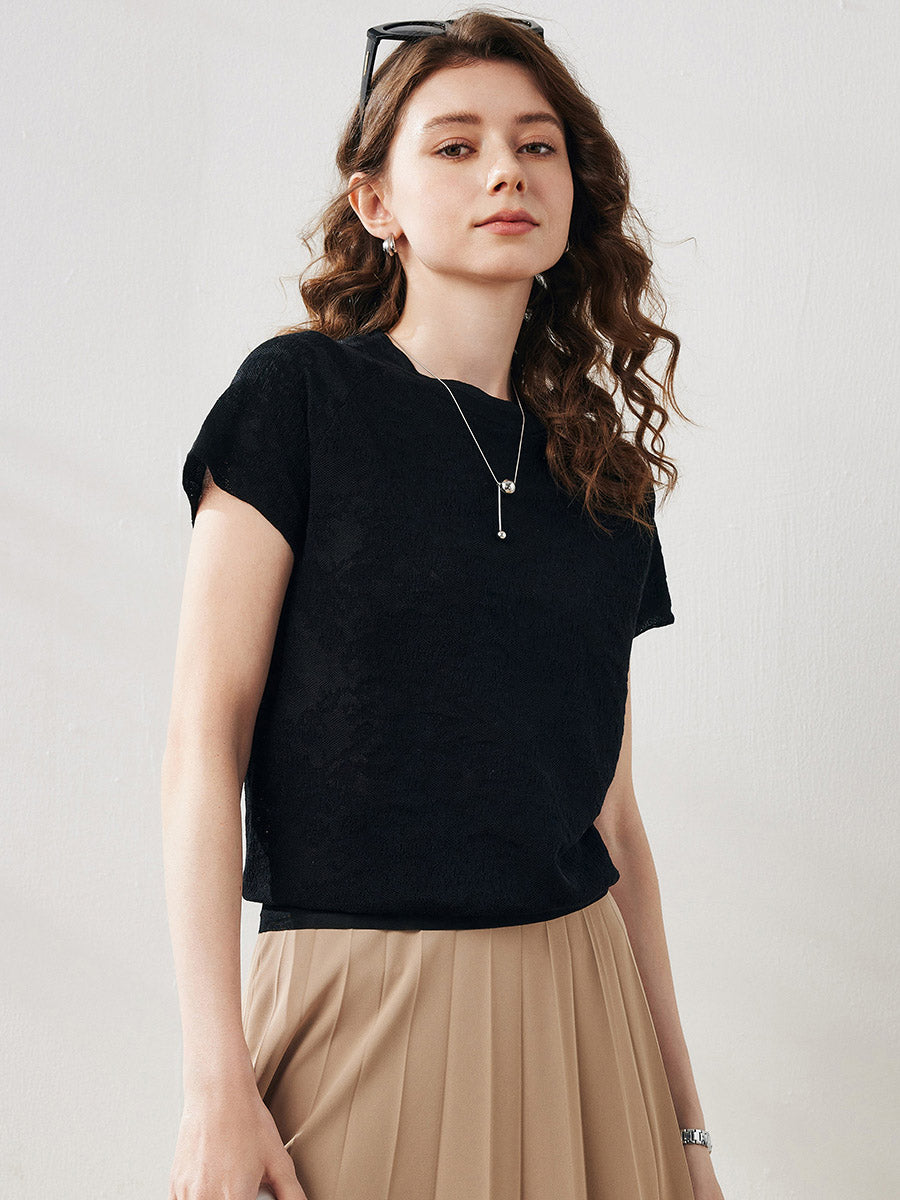 COMOBOCA Women's Lace Patterned Knit T-Shirt