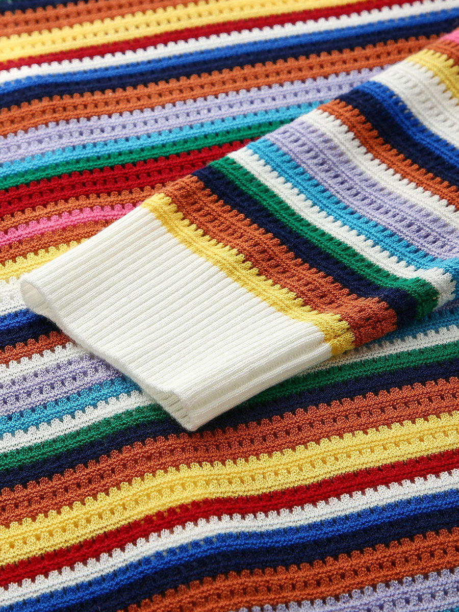 COMOBOCA Women's Ribbed Rainbow Striped Knit Cardigan