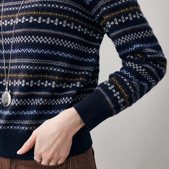 COMOBOCA 100% Cashmere Women's Fair Isle Round Neck Sweater