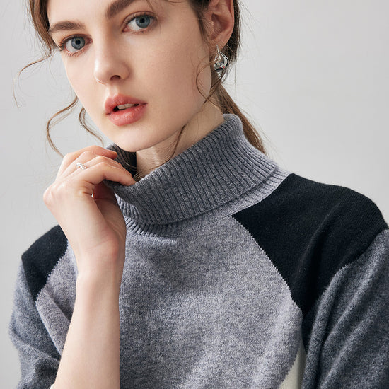 COMOBOCA 100% Cashmere Women's Color Block Turtleneck Sweater