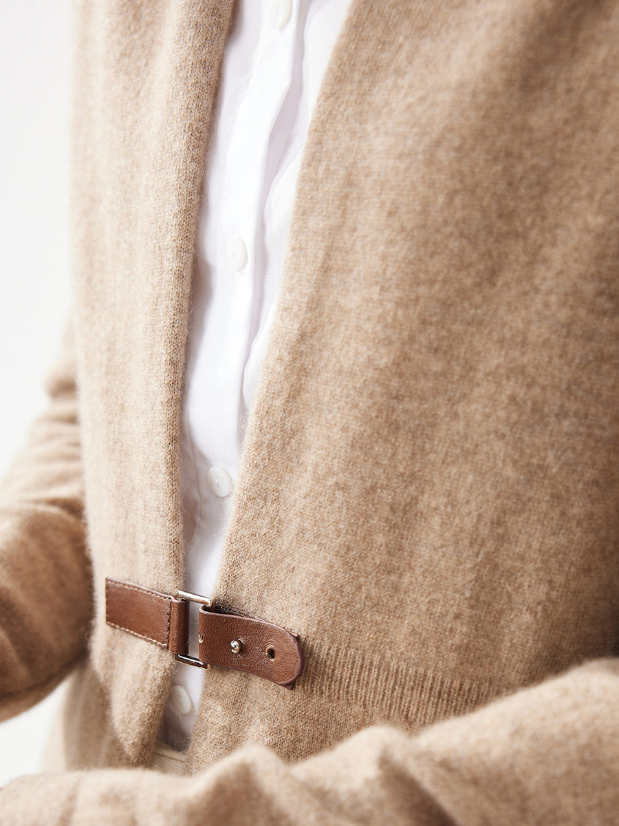 COMOBOCA 100% Cashmere Women's Leather Buckle Knit Coat