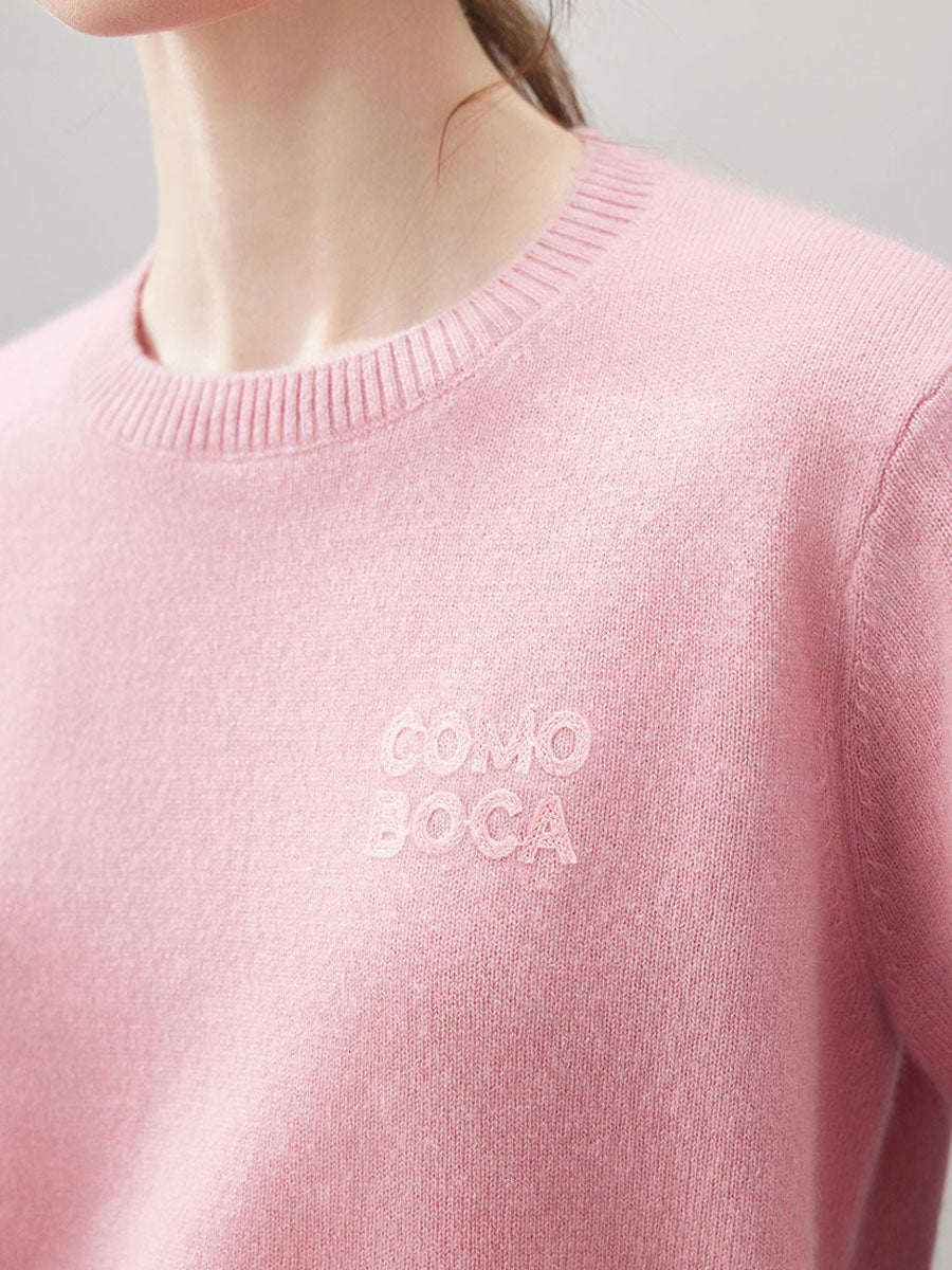 COMOBOCA 100% Cashmere Women's Embroidered Logo Short Sleeve Sweater