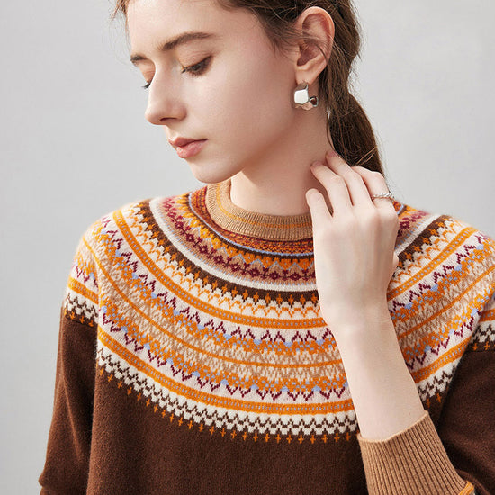 COMOBOCA 100% Cashmere Women's Fair Isle Round Neck Sweater