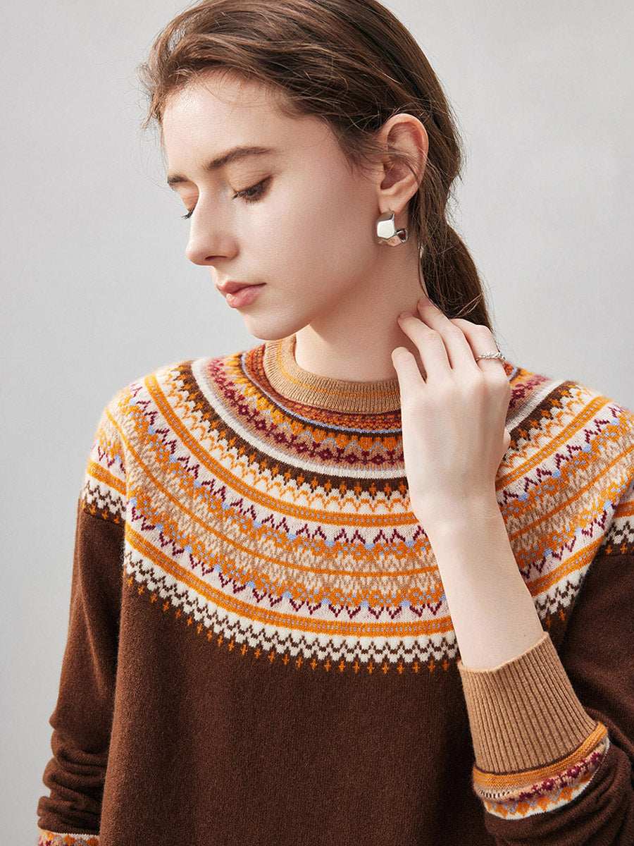 COMOBOCA 100% Cashmere Women's Fair Isle Round Neck Sweater