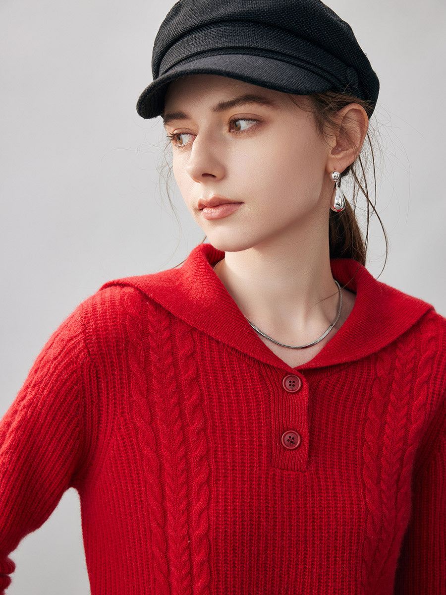 COMOBOCA 100% Cashmere Women's Cable Sailor Collar Sweater