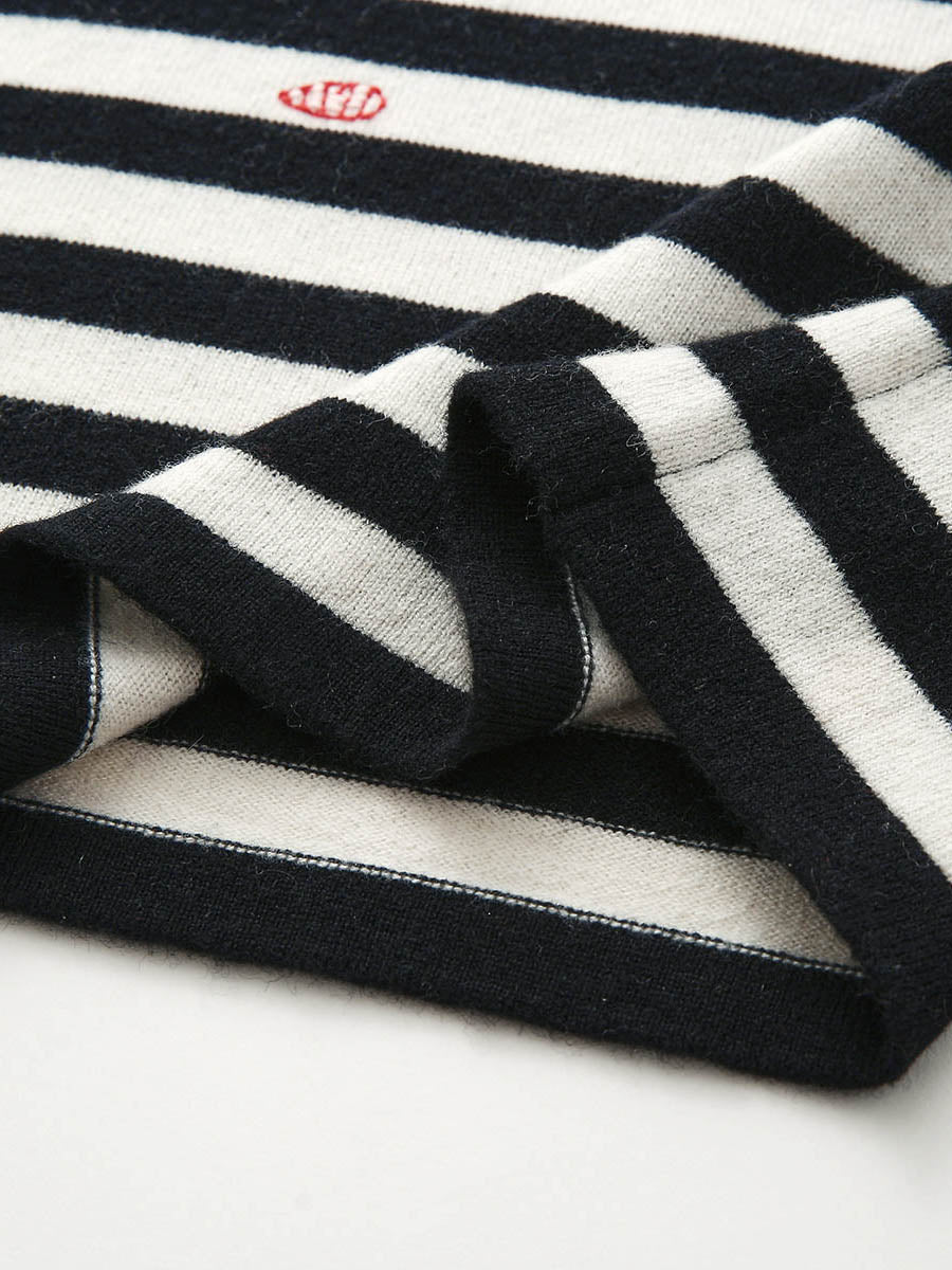 COMOBOCA 100% Wool Women's Striped Embroidered Sweater