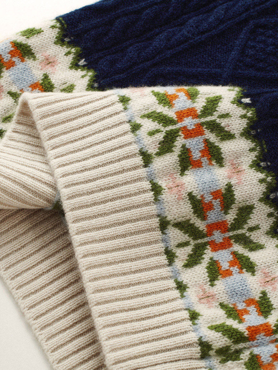 COMOBOCA 100% Wool Kids' Cable Fair Isle Round Neck Sweater