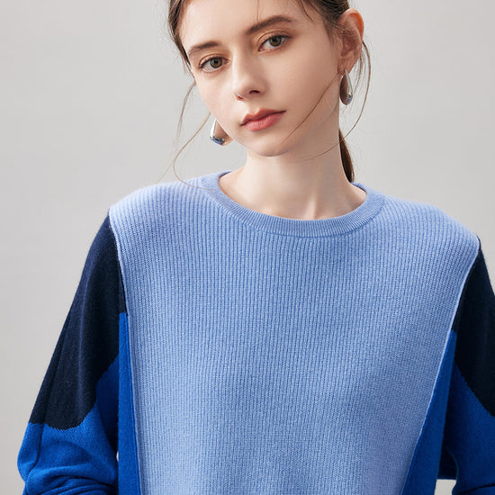 COMOBOCA 100% Cashmere Women's Color Block Round Neck Knit Sweater