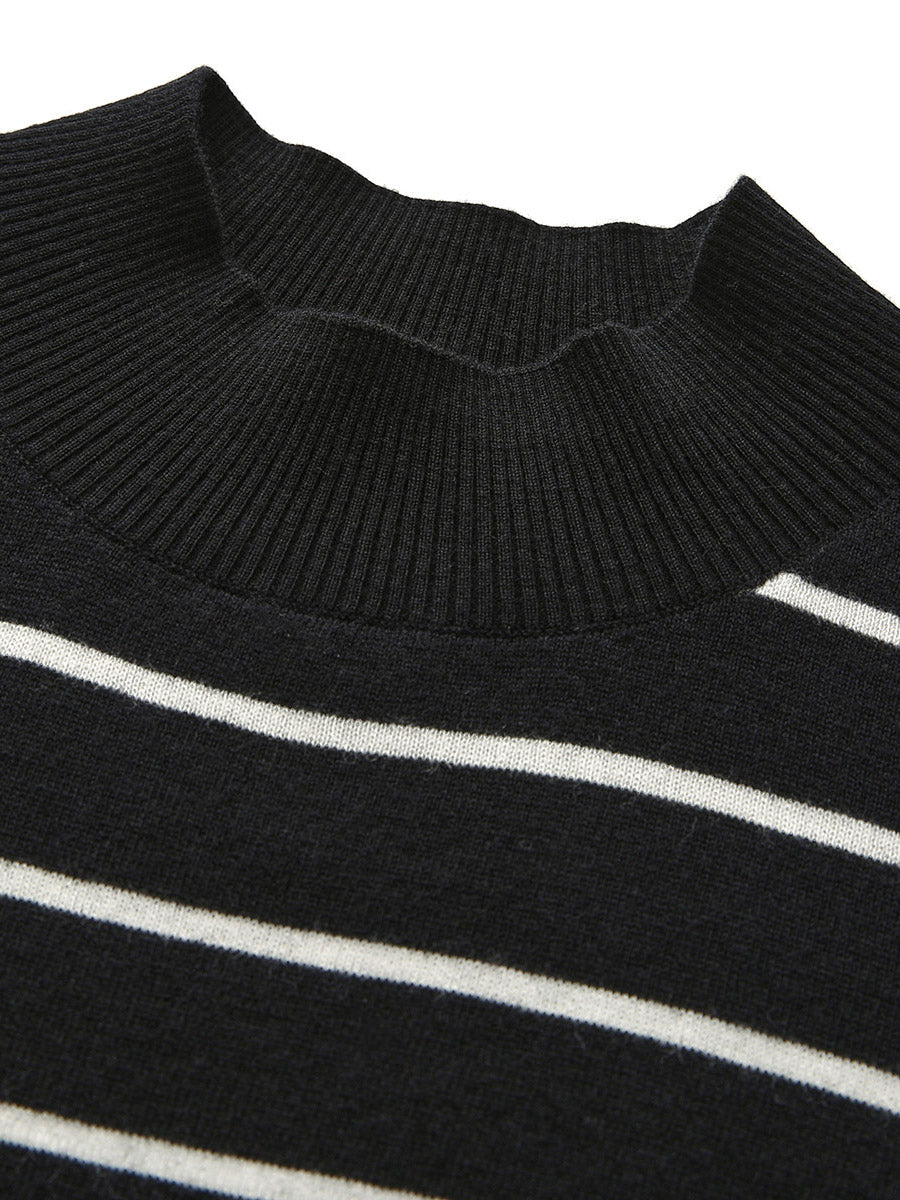 COMOBOCA 100% Wool Women's Mock Neck Striped Ribbed T-Shirt