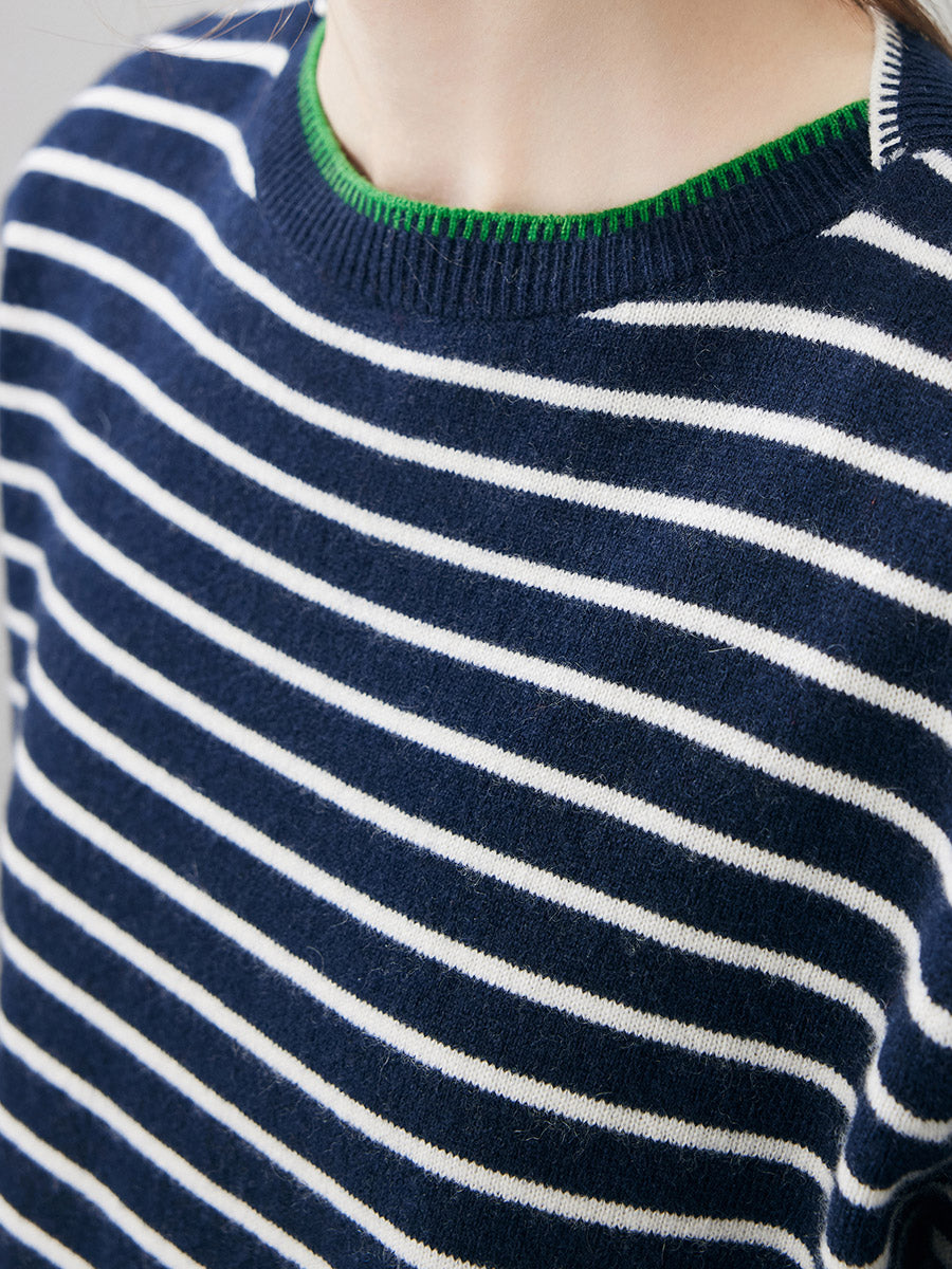 COMOBOCA 100% Cashmere Women's Striped Round Neck Sweater