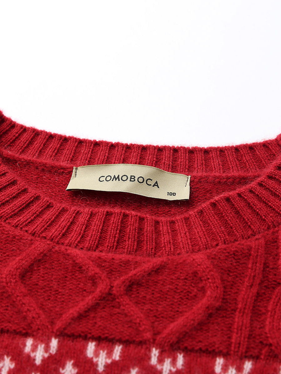 COMOBOCA 100% Cashmere Women's Cozy Reindeer Fair Isle Knit Sweater